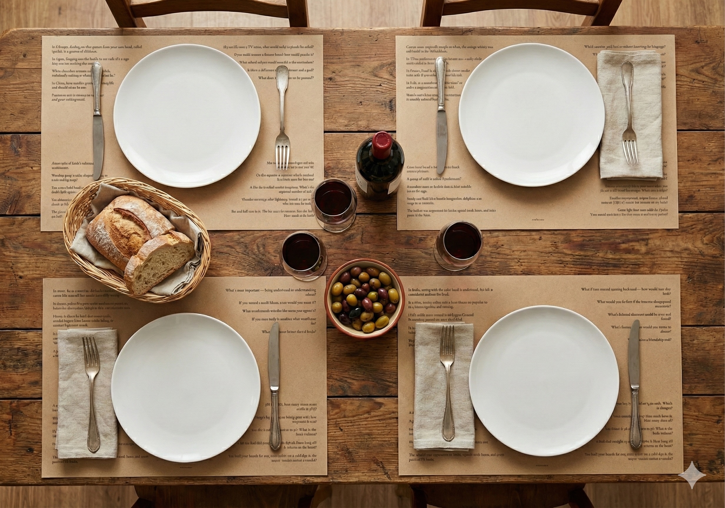 Table set with Anicha placemats, bread, wine and olives