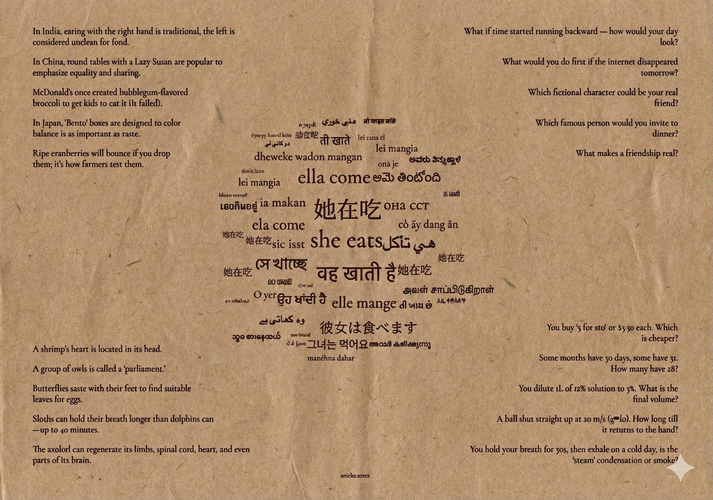 Close-up of Anicha placemat with languages, facts and puzzles