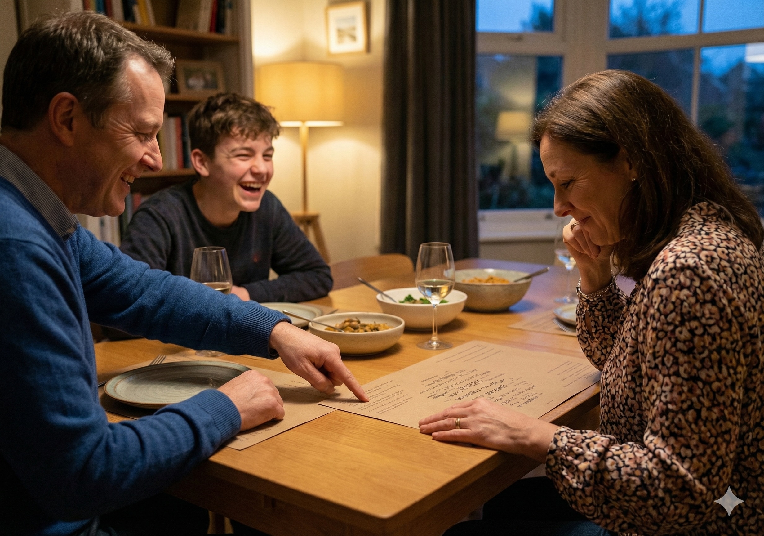 Family laughing together while reading Anicha placemats at dinner